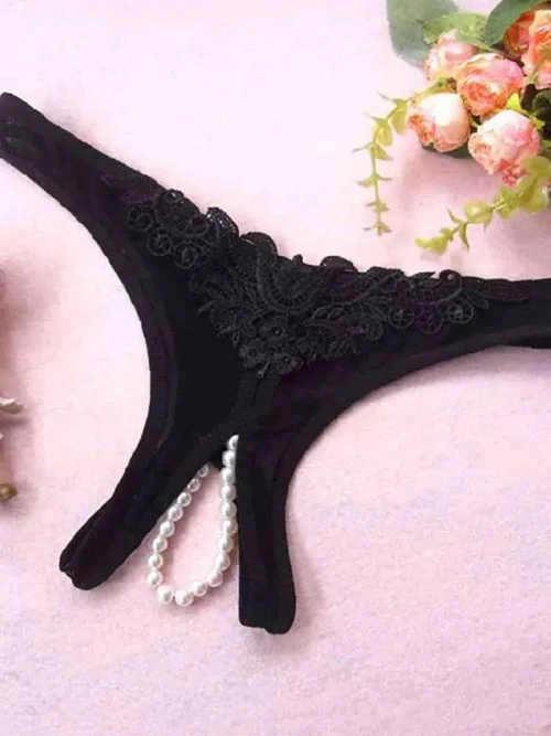 Özel Bölgesi Açık İncili Fantezi Külot Siyah