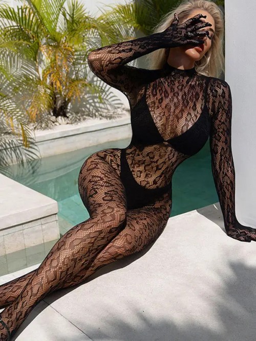 NOXXX Desenli Transparan Eldivenli Vücut Çorabı 4