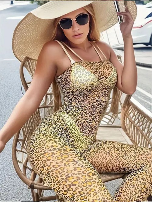 NOXXX Leopar Desenli Askılı Ağı Açık Seksi Vücut Çorabı